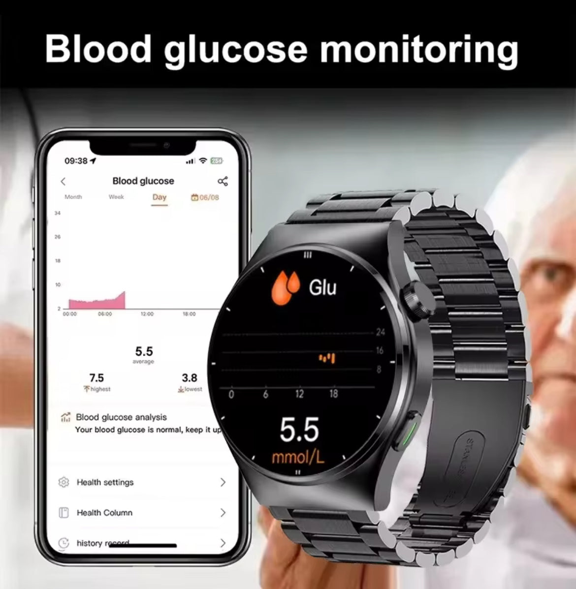 2025 New Laser Therapy Blood Glucose Smart Watch Men Heart Rate Uric Acid Healthy IP68 Waterproof Smartwatch