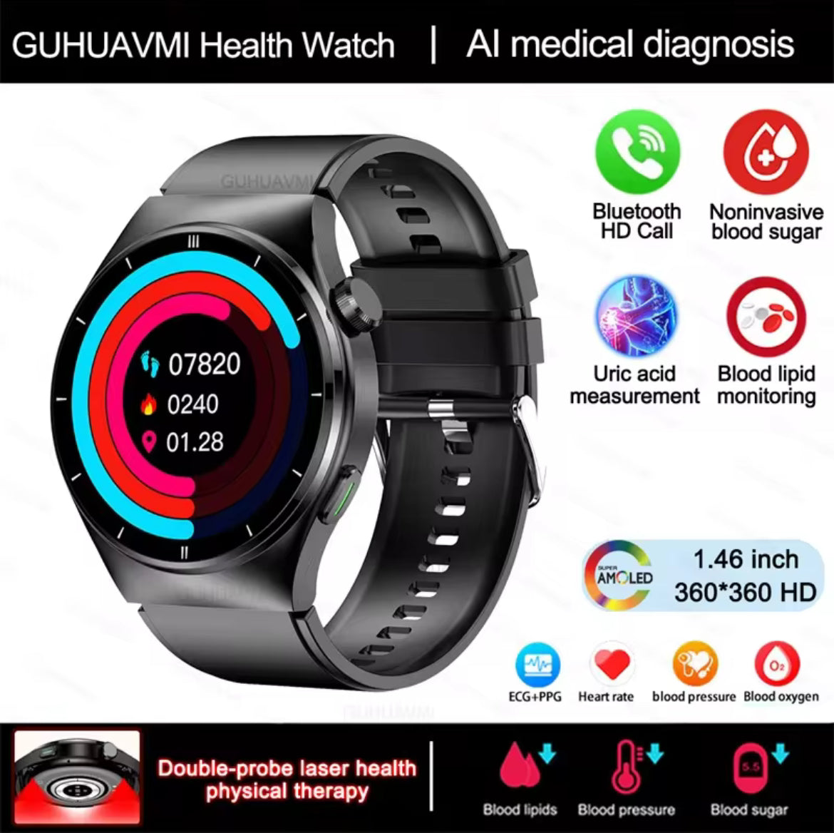 2025 New Laser Therapy Blood Glucose Smart Watch Men Heart Rate Uric Acid Healthy IP68 Waterproof Smartwatch