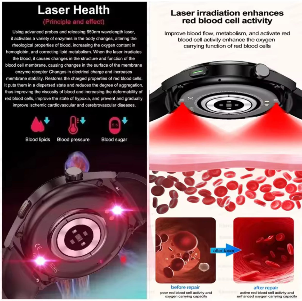 2025 New Laser Therapy Blood Glucose Smart Watch Men Heart Rate Uric Acid Healthy IP68 Waterproof Smartwatch