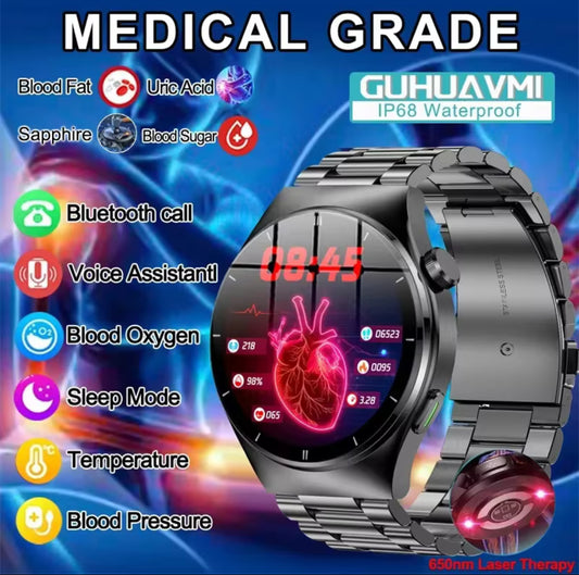 2025 New Laser Therapy Blood Glucose Smart Watch Men Heart Rate Uric Acid Healthy IP68 Waterproof Smartwatch